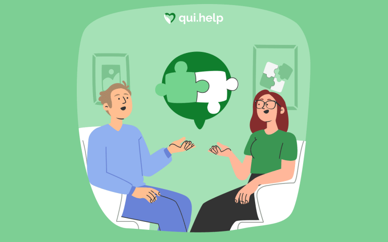Ілюстрація до теми «Асертивність» на платформі qui.help. Чоловік і жінка сидять навпроти одне одного та спокійно спілкуються. Між ними зображена зелена пазлова фігура в діалозі як символ взаєморозуміння та рівноправної комунікації.