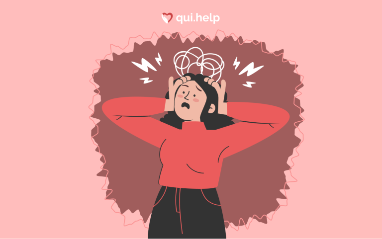 Ілюстрація до теми «гостра реакція на стрес» на платформі qui.help. Жінка у червоній кофті тримається за голову, навколо неї хаотичні лінії, блискавки та темна хмара, що символізують сильну напругу й тривогу. Логотип qui.help згори.