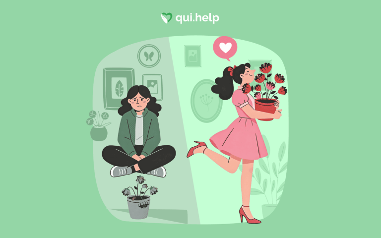 Ілюстрація для qui.help: розділена сцена «до і після психотерапії». Ліворуч — сумна жінка сидить на підлозі в кімнаті з похиленою поставою, поруч горщик із зів’ялою рослиною, приглушені зелені тони. Праворуч — та сама жінка у рожевій сукні радісно обіймає горщик із квітучими червоними квітами, світлий простір, символ серця над головою. Образ метафорично показує емоційні зміни та відновлення після психотерапії.