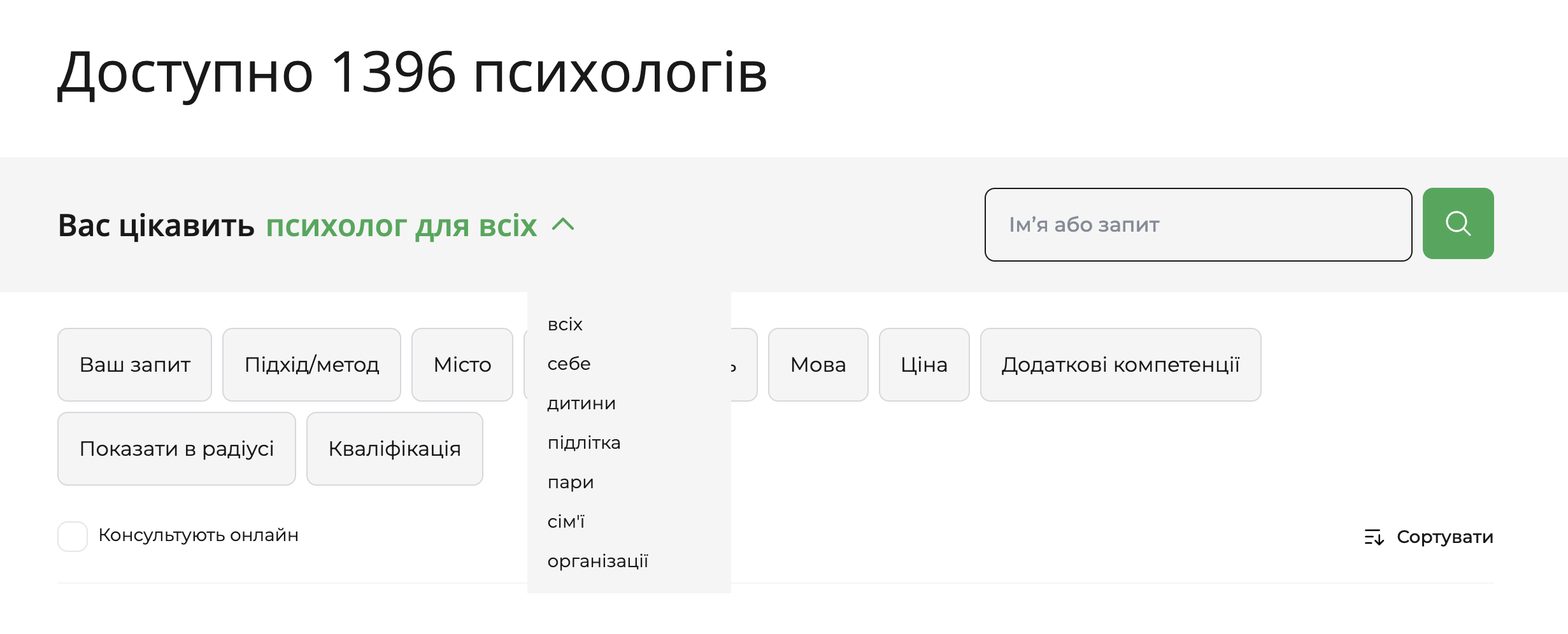 Скріншот сторінки пошуку психологів на qui.help. Угорі зазначено «Доступно 1396 психологів». Видно панель фільтрів із вибором «психолог для всіх» та випадаючим списком аудиторій (для себе, дитини, підлітка, пари, сім’ї, організації), а також фільтри за запитом, підходом, містом, мовою, ціною, кваліфікацією й додатковими компетенціями. Праворуч — поле пошуку та опція сортування.