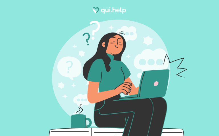 Ілюстрація qui.help: людина працює за ноутбуком, ставить запитання та обмірковує відповідь. Навколо — знаки запитань і діалогові хмарки, що показують процес формулювання запиту онлайн.