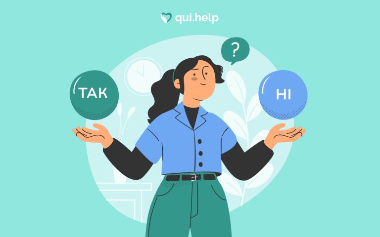 Ілюстрація qui.help: людина стоїть із двома варіантами вибору — «так» і «ні» — та роздумує, яке рішення прийняти. Візуально передано процес вибору й сумнівів перед дією.
