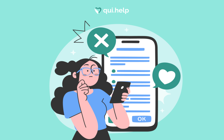 Ілюстрація qui.help: людина читає повідомлення на смартфоні та замислюється над відповіддю. Поруч — іконки відмови та підтримки, що символізують правила та межі взаємодії.