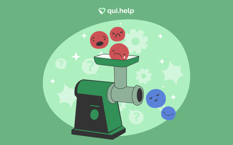 Ілюстрація метафорично показує роботу з мисленням: м’ясорубка переробляє червоні кульки з сумними та напруженими емоціями, а на виході з’являються сині кульки зі спокійним і позитивним настроєм. Образ символізує практики, що допомагають трансформувати негативні думки та змінювати емоційний стан. Логотип qui.help зверху.