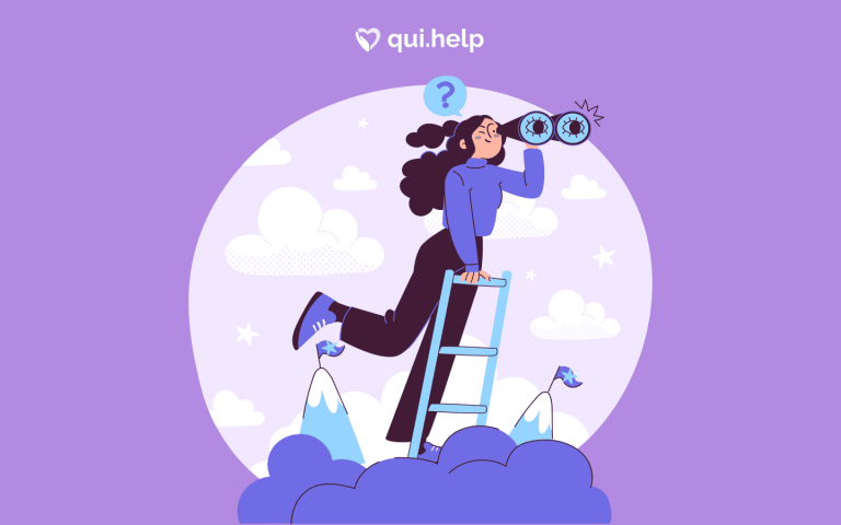 Ілюстрація qui.help: людина з біноклем стоїть на драбині та шукає відповідь, навколо — хмари й символи запитань.
