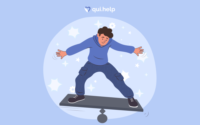 Хлопець стоїть на балансувальній платформі, широко розставивши руки для рівноваги. Ілюстрація символізує пошук внутрішніх точок опори, емоційного балансу та психологічної стійкості. Навколо — світлі абстрактні елементи й зірки, що підкреслюють процес самопідтримки та адаптації до життєвих змін. Логотип qui.help зверху.