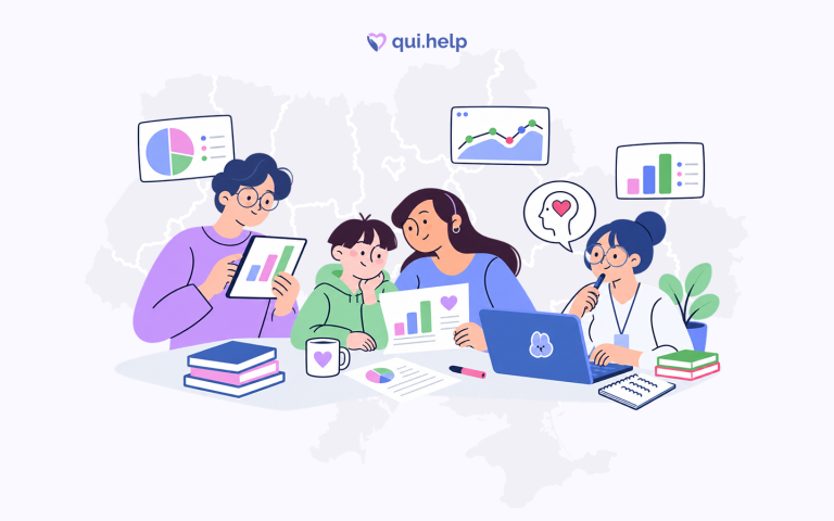 Ілюстрація qui.help: команда аналізує результати дослідження про психологічний стан дітей — графіки, діаграми та дані на тлі карти України.